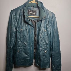 Vintage Distressed Guess Faux Leather Teal Lined Motorcycle Jacket Women's XL